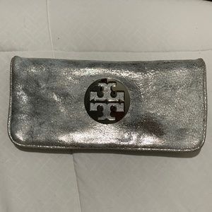 Tory Burch silver metallic evening clutch